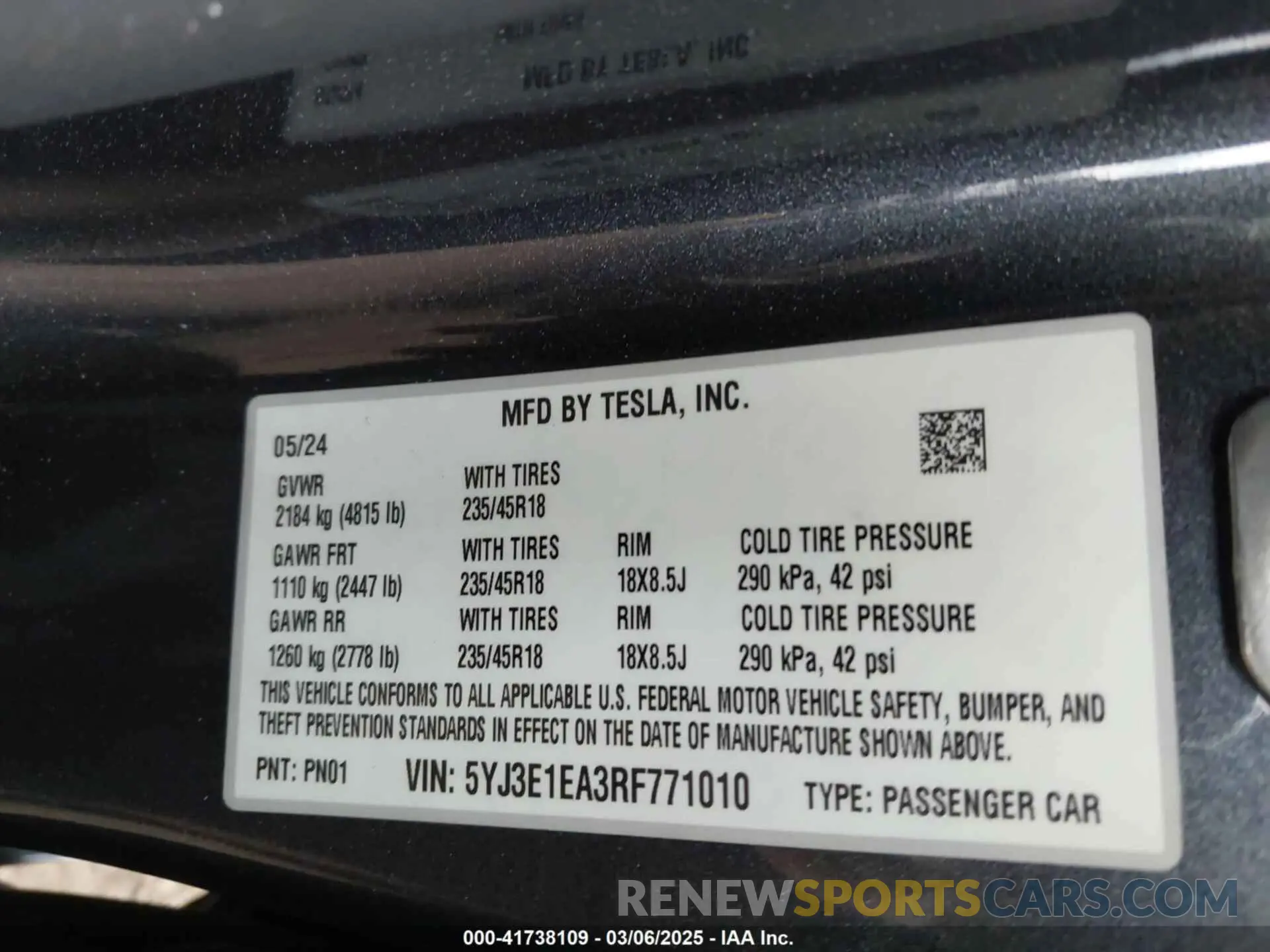 9 fotografías del automóvil dañado 5YJ3E1EA3RF771010 TESLA MODEL 3 2024