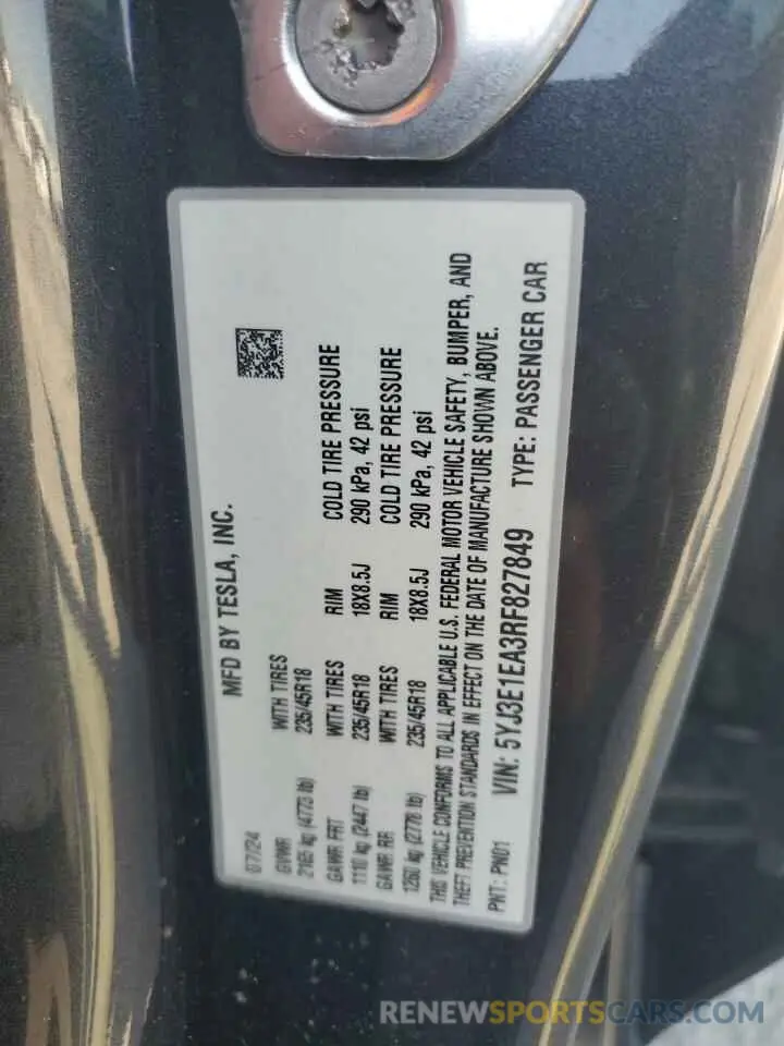 12 fotografías del automóvil dañado 5YJ3E1EA3RF827849 TESLA MODEL 3 2024
