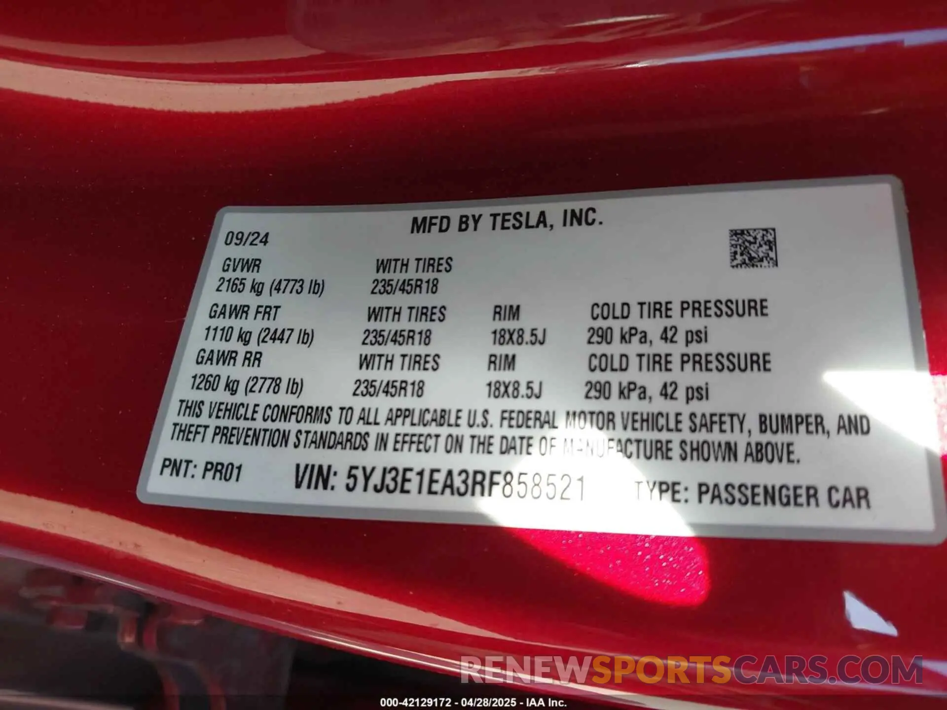 9 fotografías del automóvil dañado 5YJ3E1EA3RF858521 TESLA MODEL 3 2024