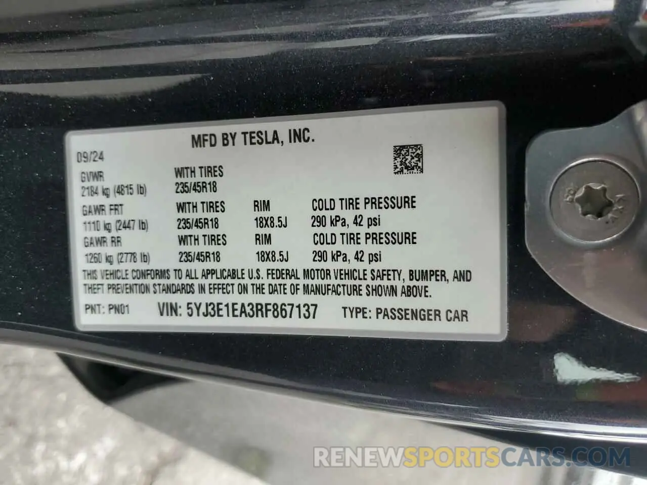 14 fotografías del automóvil dañado 5YJ3E1EA3RF867137 TESLA MODEL 3 2024