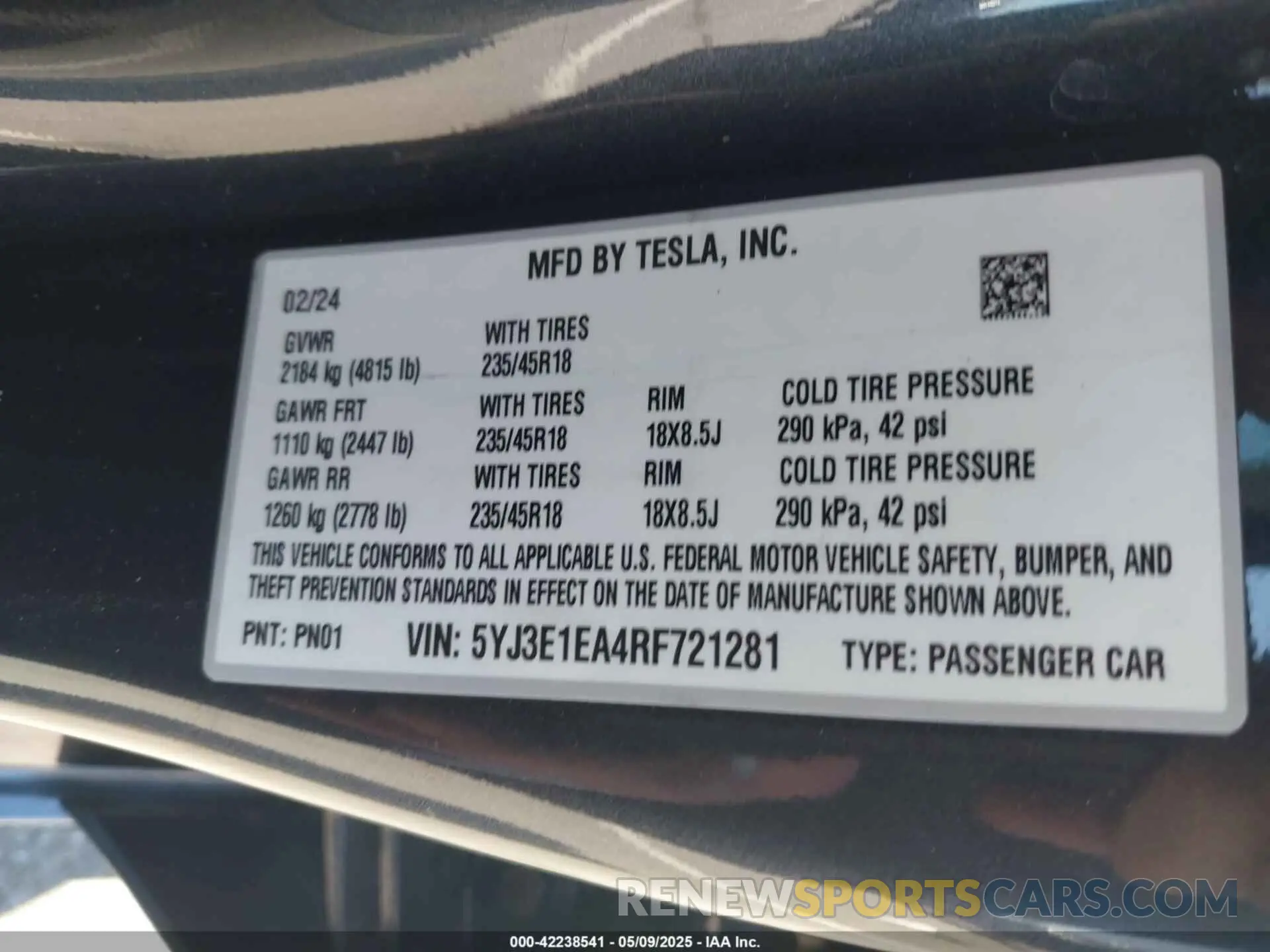 9 fotografías del automóvil dañado 5YJ3E1EA4RF721281 TESLA MODEL 3 2024