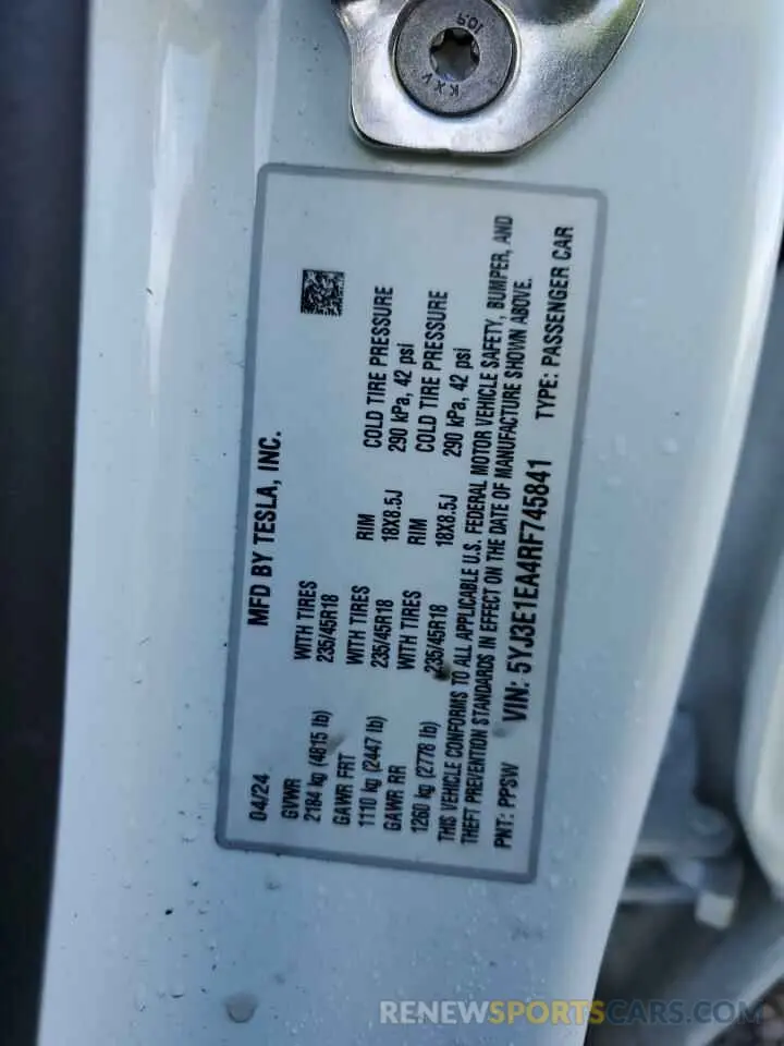 15 fotografías del automóvil dañado 5YJ3E1EA4RF745841 TESLA MODEL 3 2024