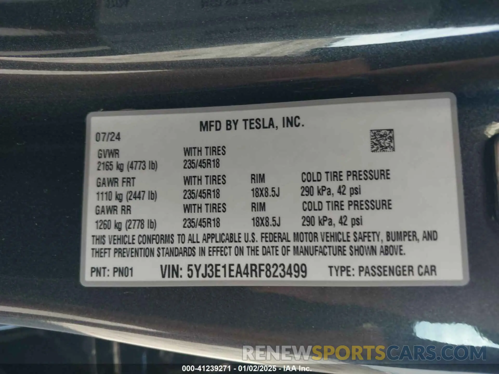 9 fotografías del automóvil dañado 5YJ3E1EA4RF823499 TESLA MODEL 3 2024