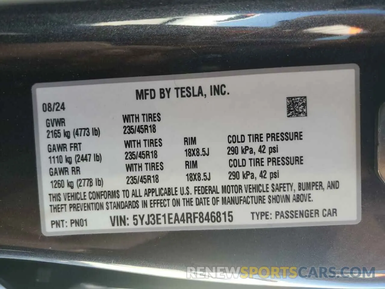 12 fotografías del automóvil dañado 5YJ3E1EA4RF846815 TESLA MODEL 3 2024