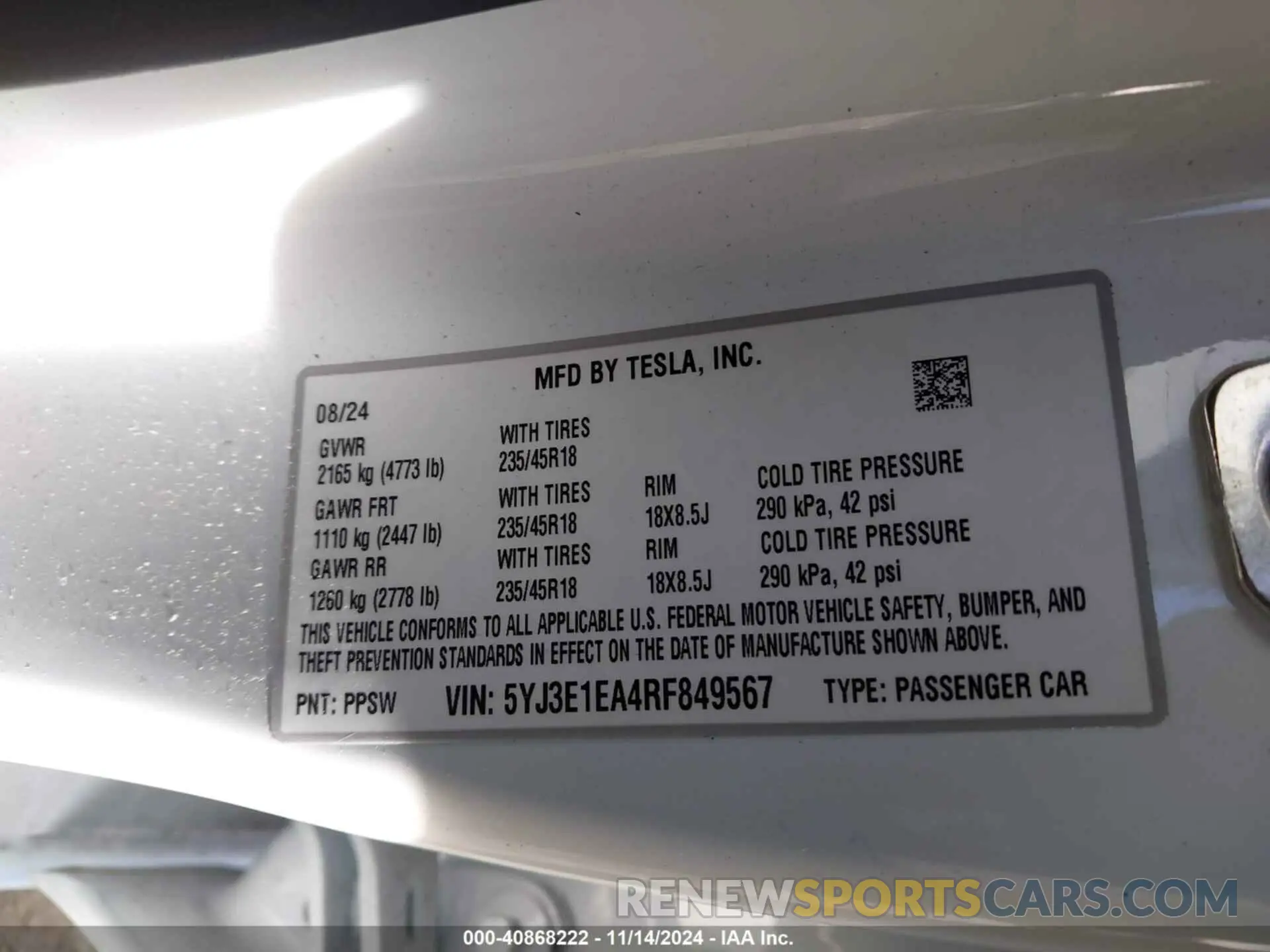9 fotografías del automóvil dañado 5YJ3E1EA4RF849567 TESLA MODEL 3 2024