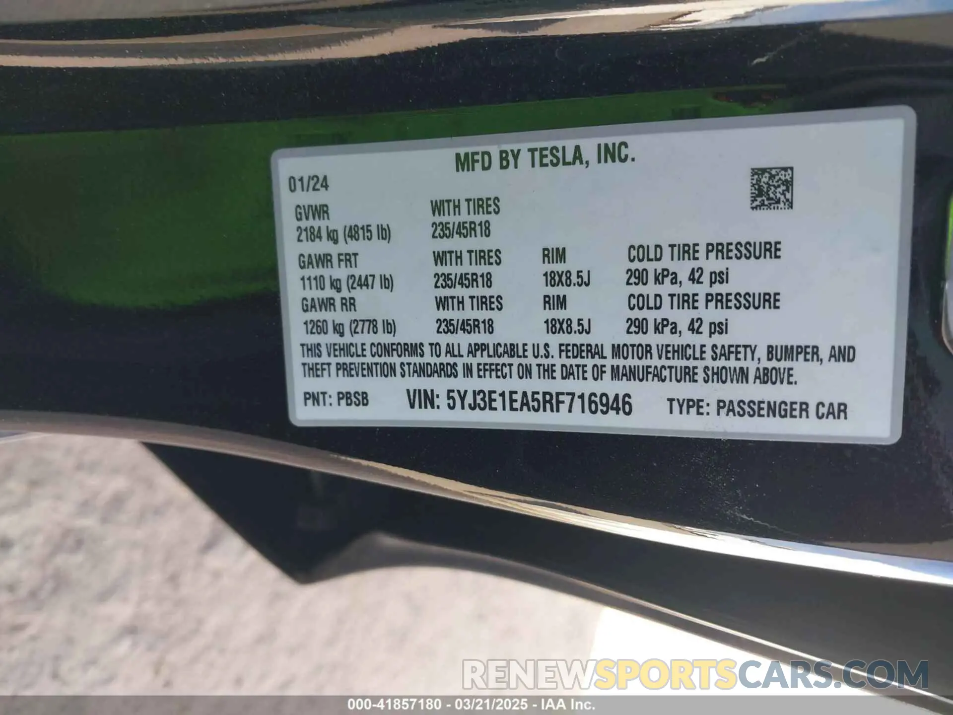 9 fotografías del automóvil dañado 5YJ3E1EA5RF716946 TESLA MODEL 3 2024