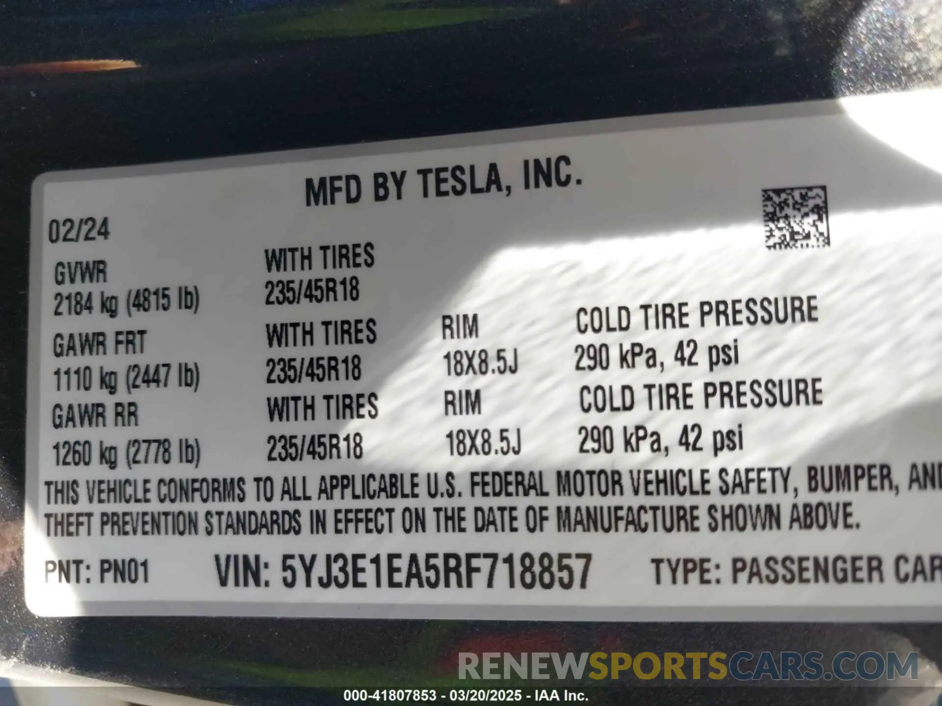 8 fotografías del automóvil dañado 5YJ3E1EA5RF718857 TESLA MODEL 3 2024