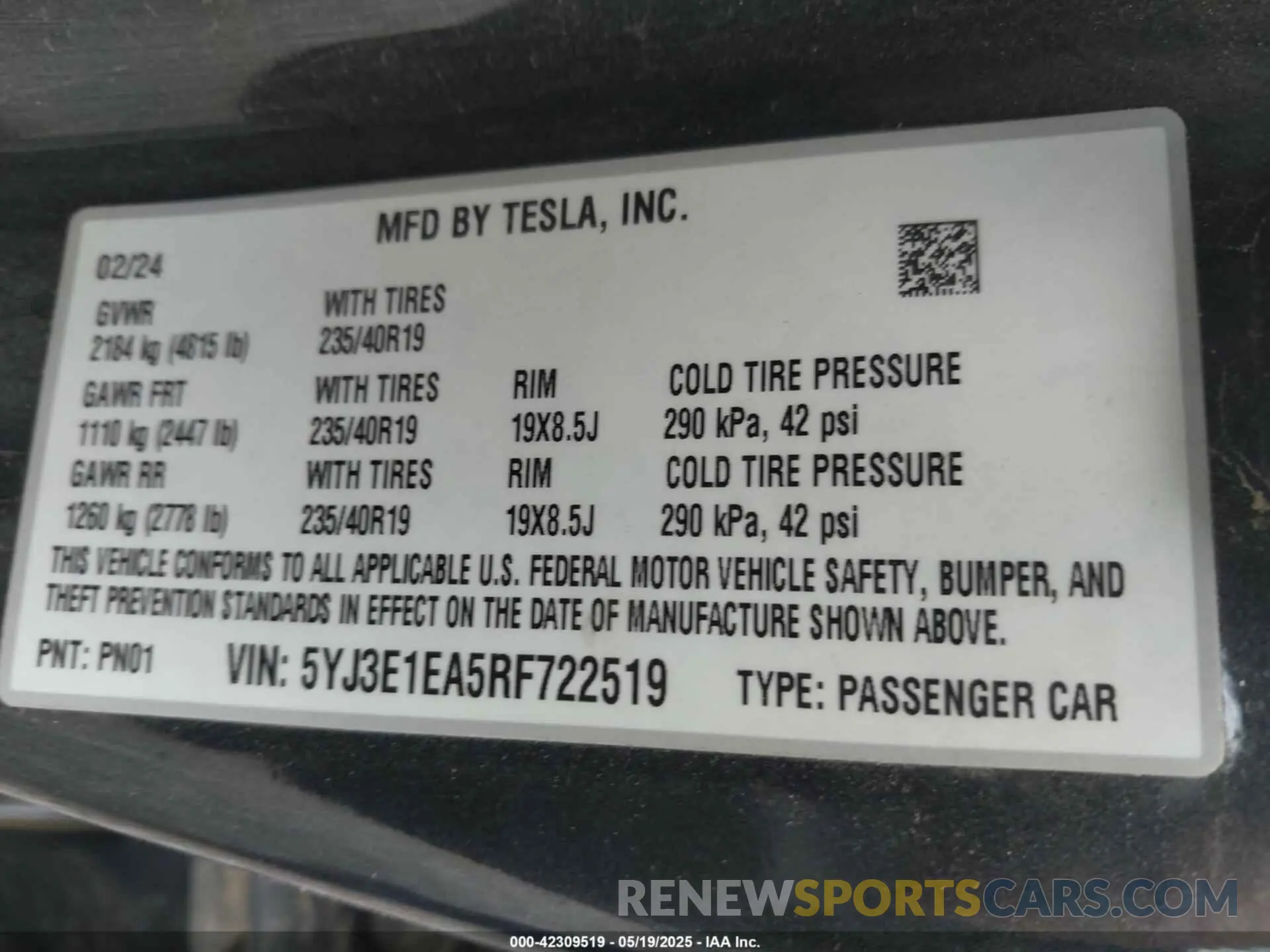 9 fotografías del automóvil dañado 5YJ3E1EA5RF722519 TESLA MODEL 3 2024