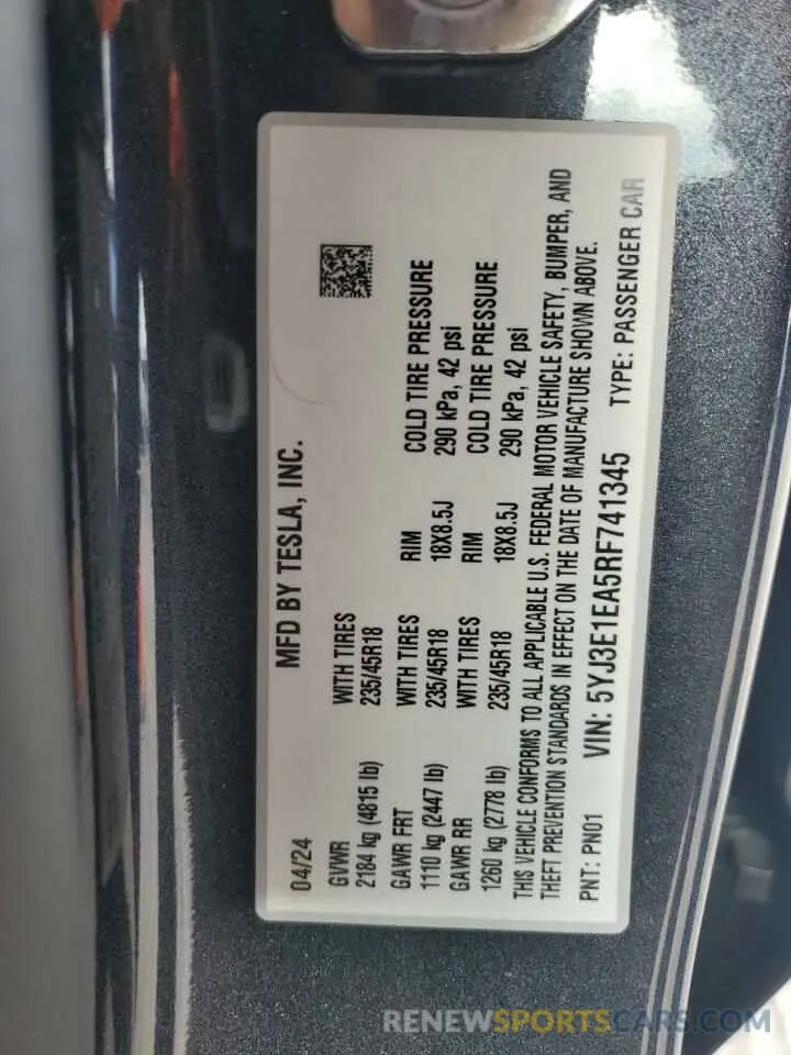 14 fotografías del automóvil dañado 5YJ3E1EA5RF741345 TESLA MODEL 3 2024