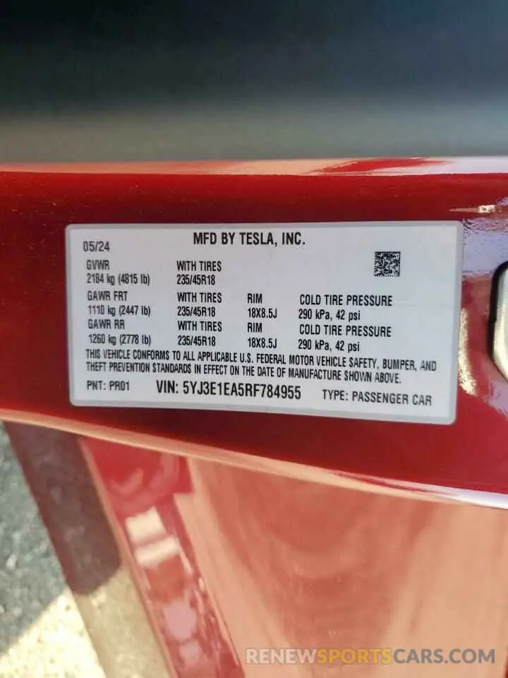 12 fotografías del automóvil dañado 5YJ3E1EA5RF784955 TESLA MODEL 3 2024