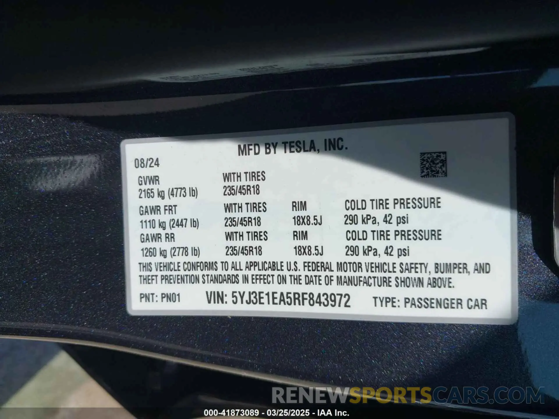 9 fotografías del automóvil dañado 5YJ3E1EA5RF843972 TESLA MODEL 3 2024