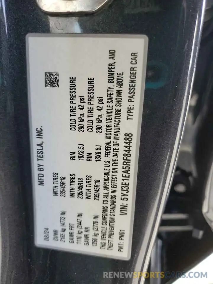 14 fotografías del automóvil dañado 5YJ3E1EA5RF844488 TESLA MODEL 3 2024