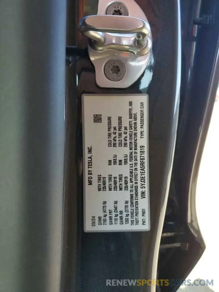 13 fotografías del automóvil dañado 5YJ3E1EA5RF871819 TESLA MODEL 3 2024