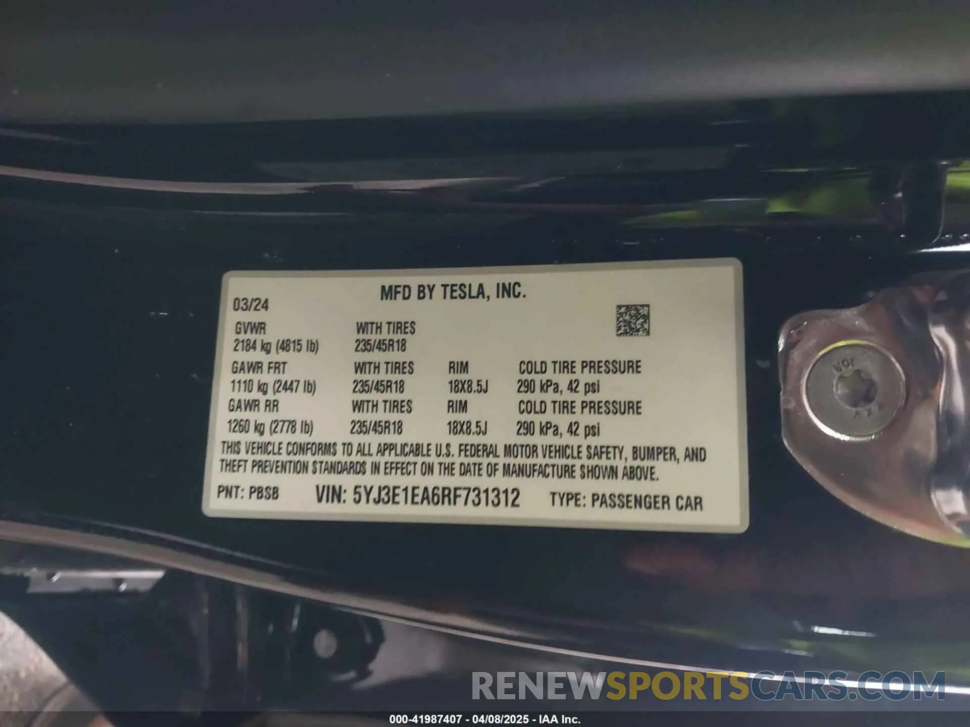 9 fotografías del automóvil dañado 5YJ3E1EA6RF731312 TESLA MODEL 3 2024