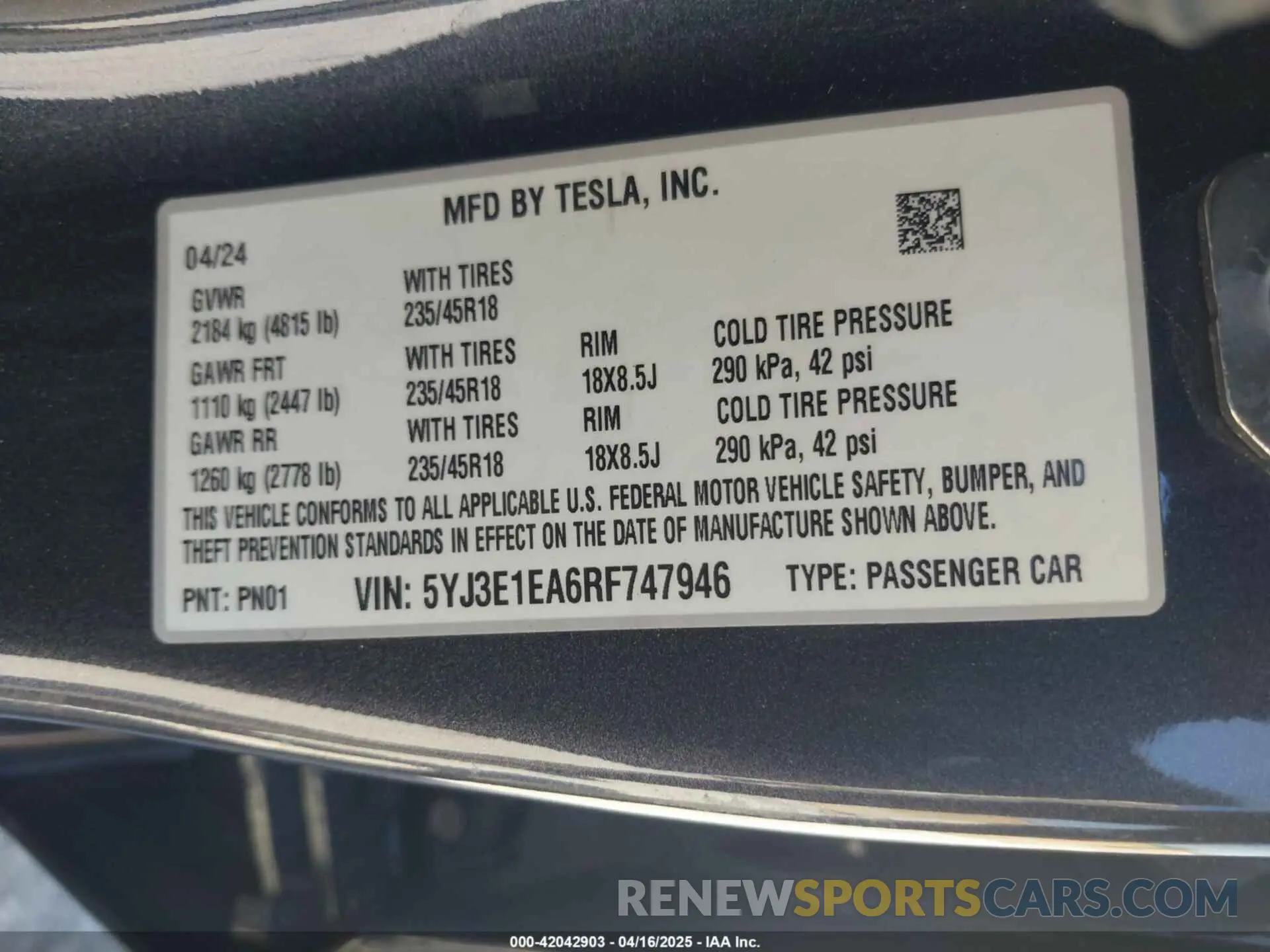 9 fotografías del automóvil dañado 5YJ3E1EA6RF747946 TESLA MODEL 3 2024