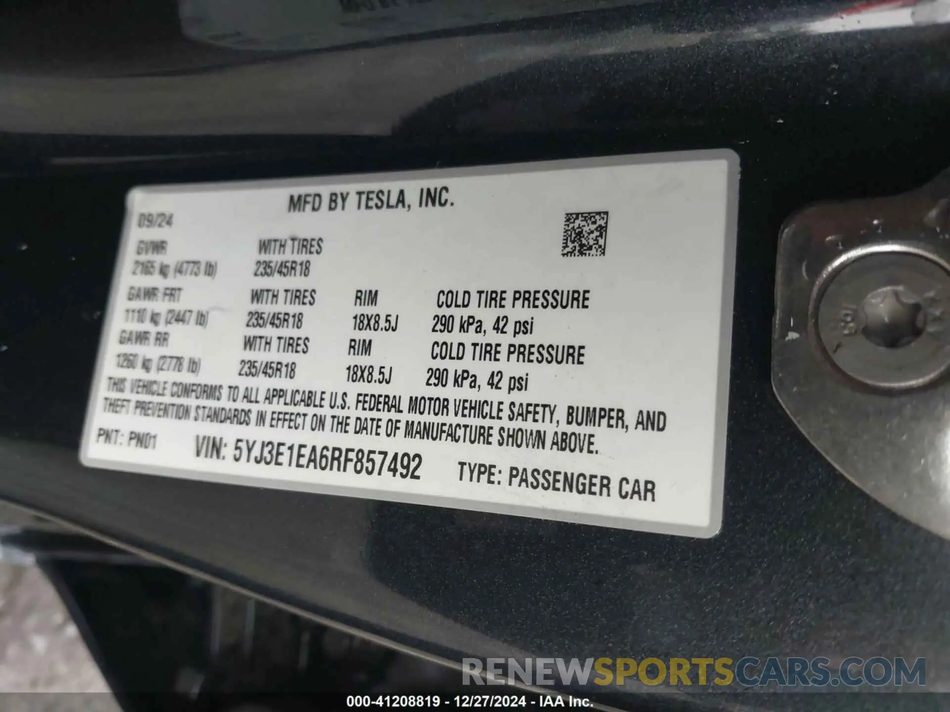 9 fotografías del automóvil dañado 5YJ3E1EA6RF857492 TESLA MODEL 3 2024