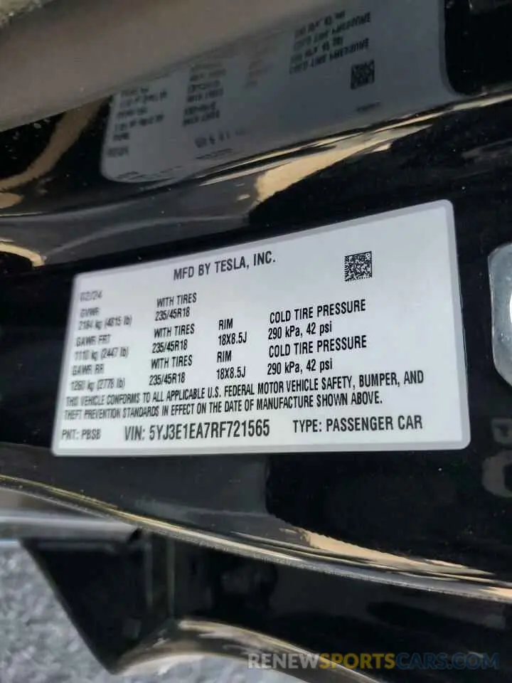 12 fotografías del automóvil dañado 5YJ3E1EA7RF721565 TESLA MODEL 3 2024
