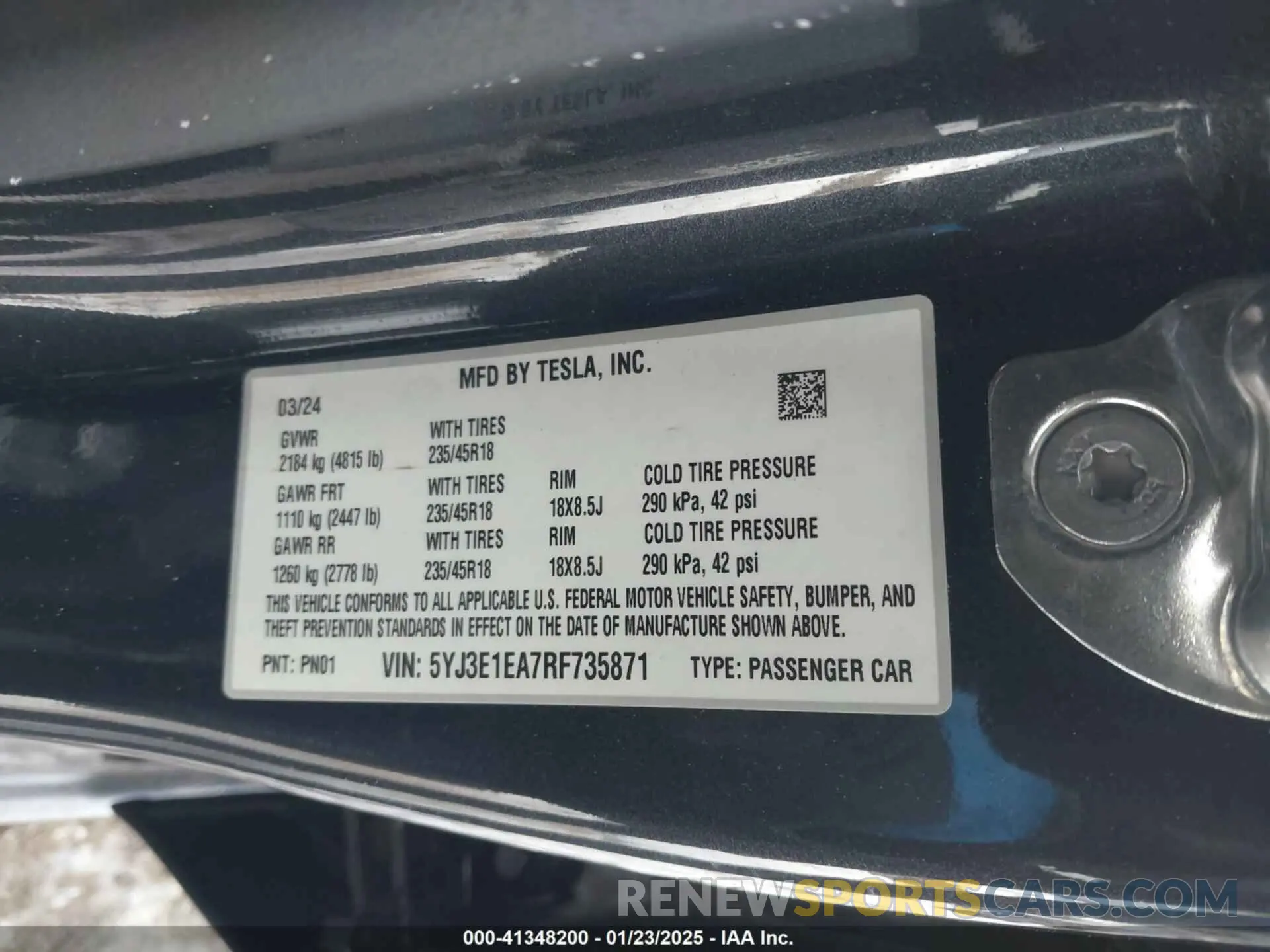 9 fotografías del automóvil dañado 5YJ3E1EA7RF735871 TESLA MODEL 3 2024
