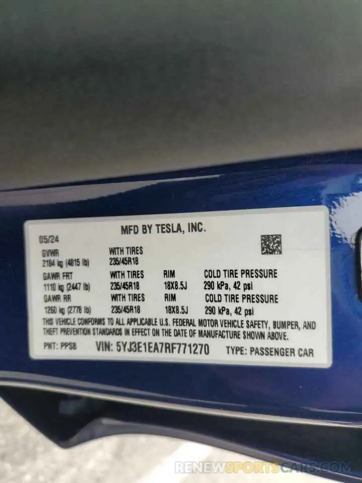15 fotografías del automóvil dañado 5YJ3E1EA7RF771270 TESLA MODEL 3 2024