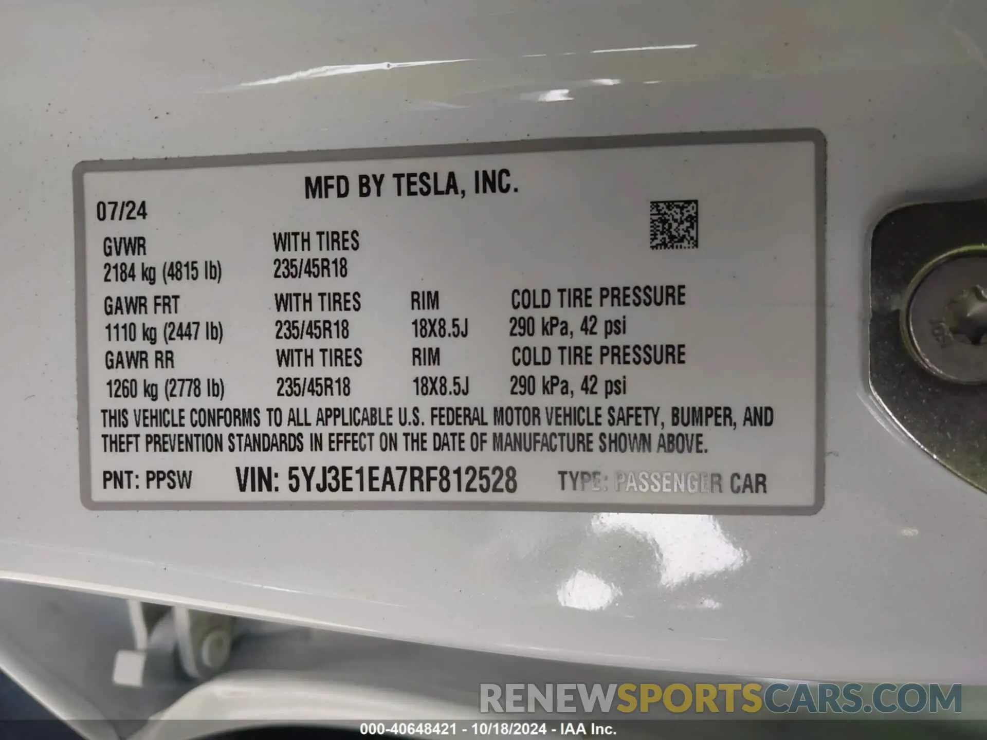 9 fotografías del automóvil dañado 5YJ3E1EA7RF812528 TESLA MODEL 3 2024