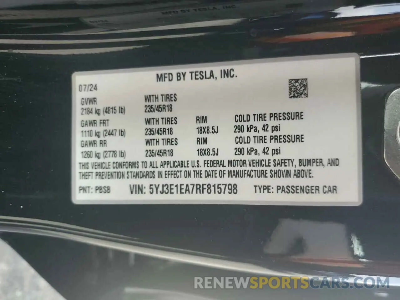 13 fotografías del automóvil dañado 5YJ3E1EA7RF815798 TESLA MODEL 3 2024