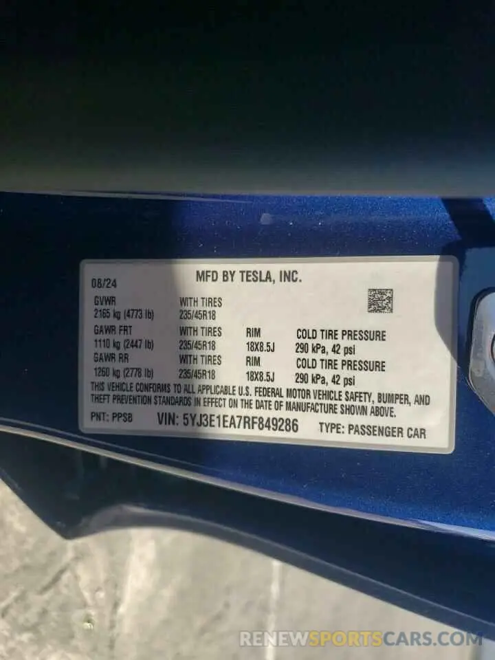 13 fotografías del automóvil dañado 5YJ3E1EA7RF849286 TESLA MODEL 3 2024