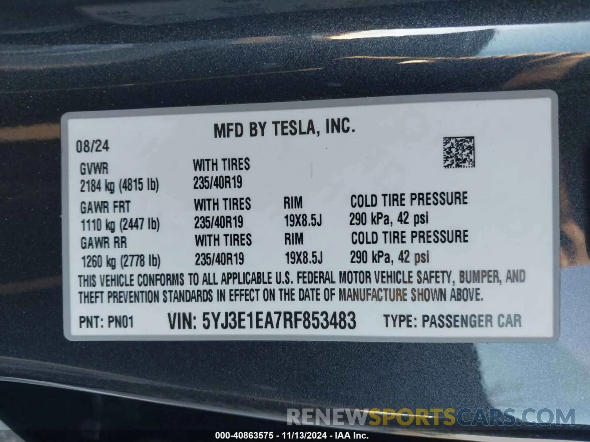 9 fotografías del automóvil dañado 5YJ3E1EA7RF853483 TESLA MODEL 3 2024