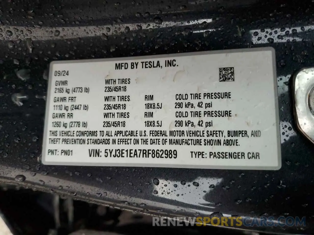 14 fotografías del automóvil dañado 5YJ3E1EA7RF862989 TESLA MODEL 3 2024