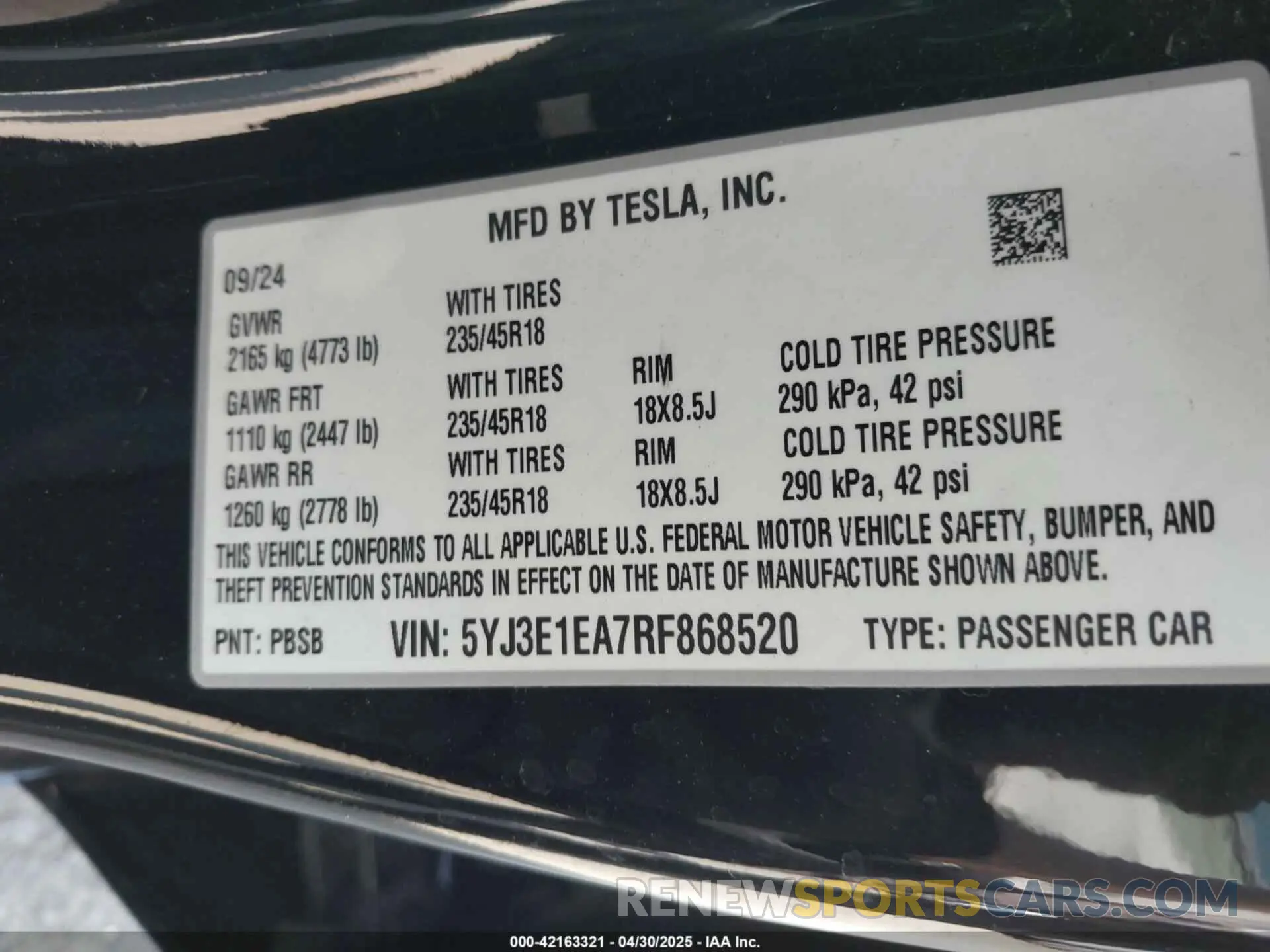 9 fotografías del automóvil dañado 5YJ3E1EA7RF868520 TESLA MODEL 3 2024