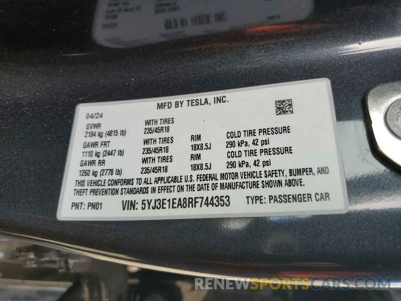 13 fotografías del automóvil dañado 5YJ3E1EA8RF744353 TESLA MODEL 3 2024