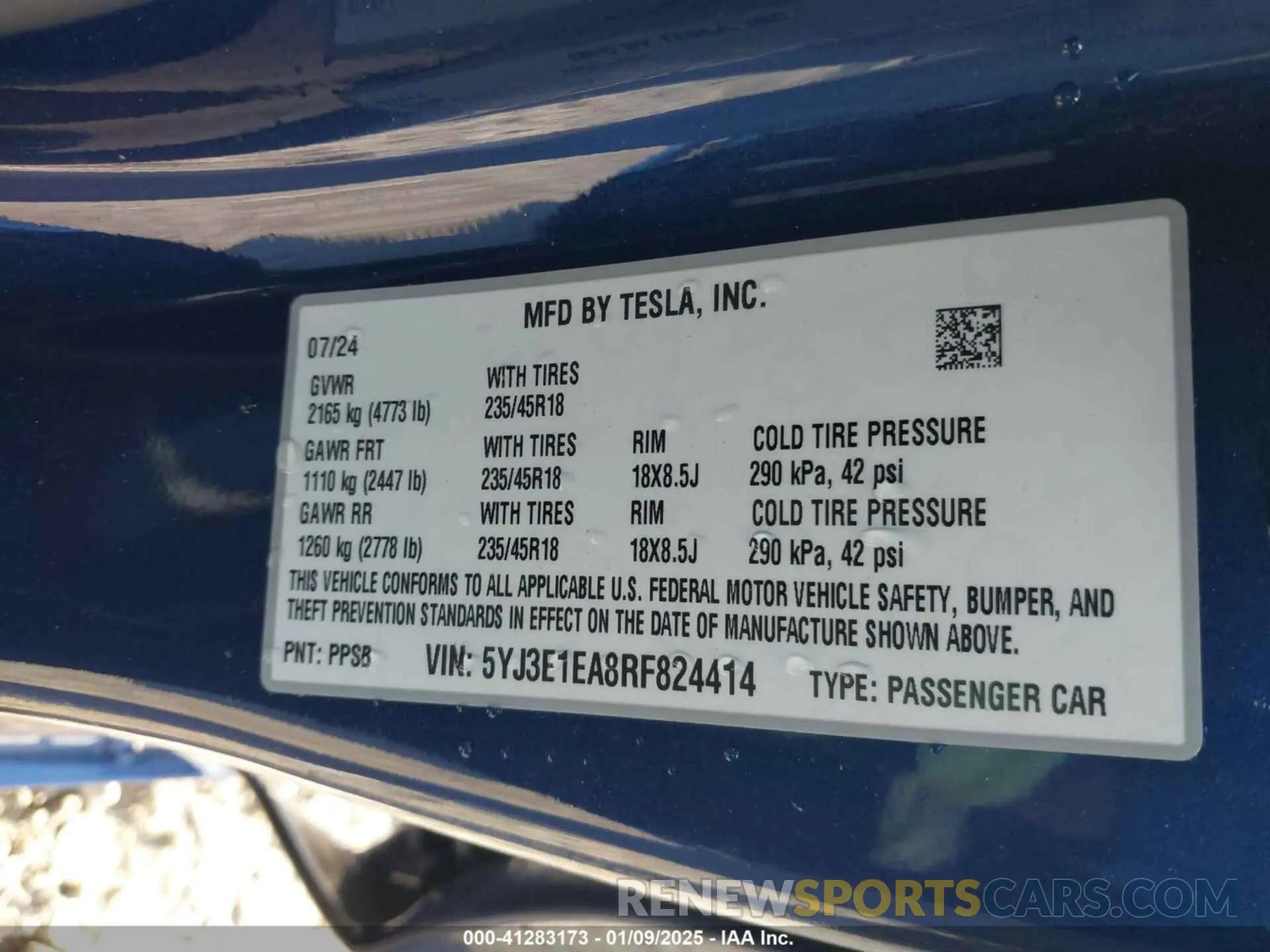 9 fotografías del automóvil dañado 5YJ3E1EA8RF824414 TESLA MODEL 3 2024