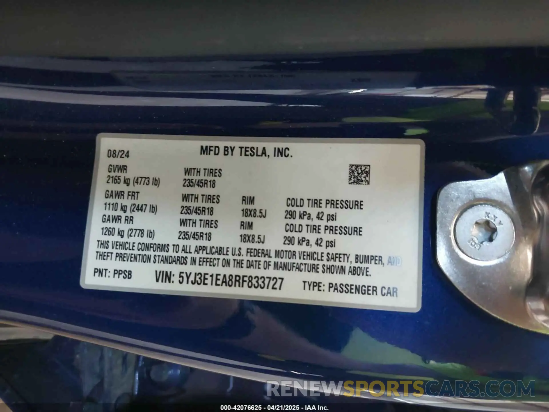 9 fotografías del automóvil dañado 5YJ3E1EA8RF833727 TESLA MODEL 3 2024
