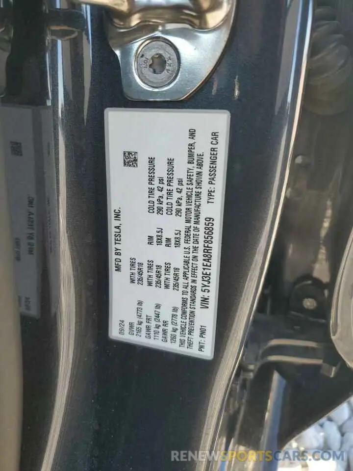 13 fotografías del automóvil dañado 5YJ3E1EA8RF856859 TESLA MODEL 3 2024