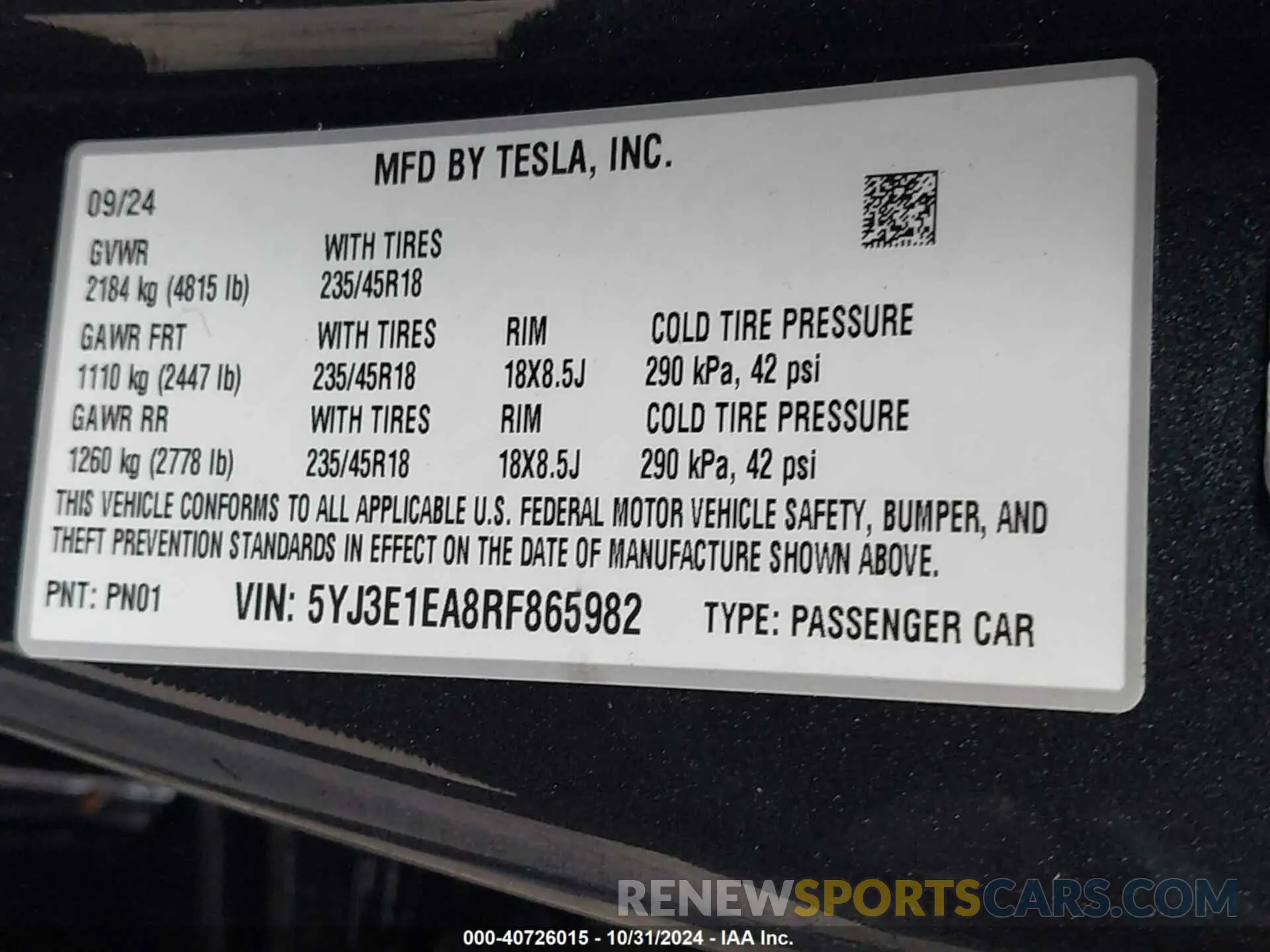 9 fotografías del automóvil dañado 5YJ3E1EA8RF865982 TESLA MODEL 3 2024