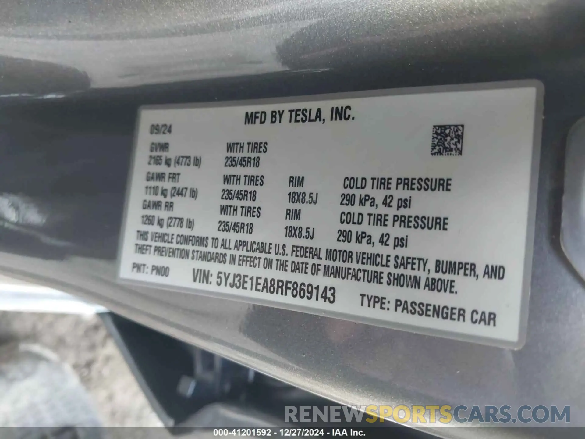 9 fotografías del automóvil dañado 5YJ3E1EA8RF869143 TESLA MODEL 3 2024