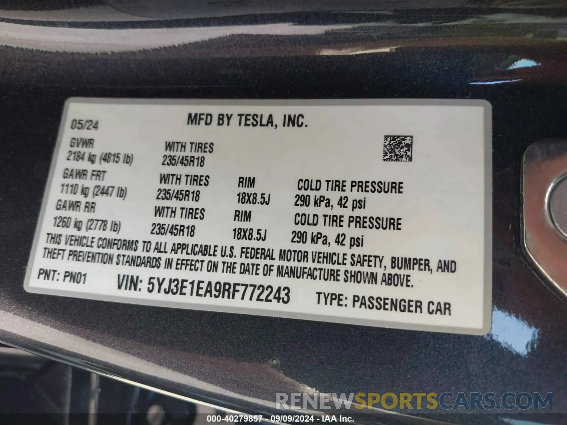 9 fotografías del automóvil dañado 5YJ3E1EA9RF772243 TESLA MODEL 3 2024