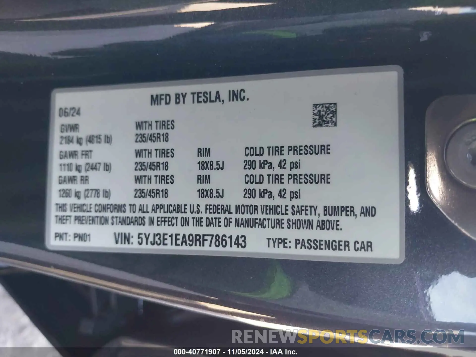9 fotografías del automóvil dañado 5YJ3E1EA9RF786143 TESLA MODEL 3 2024