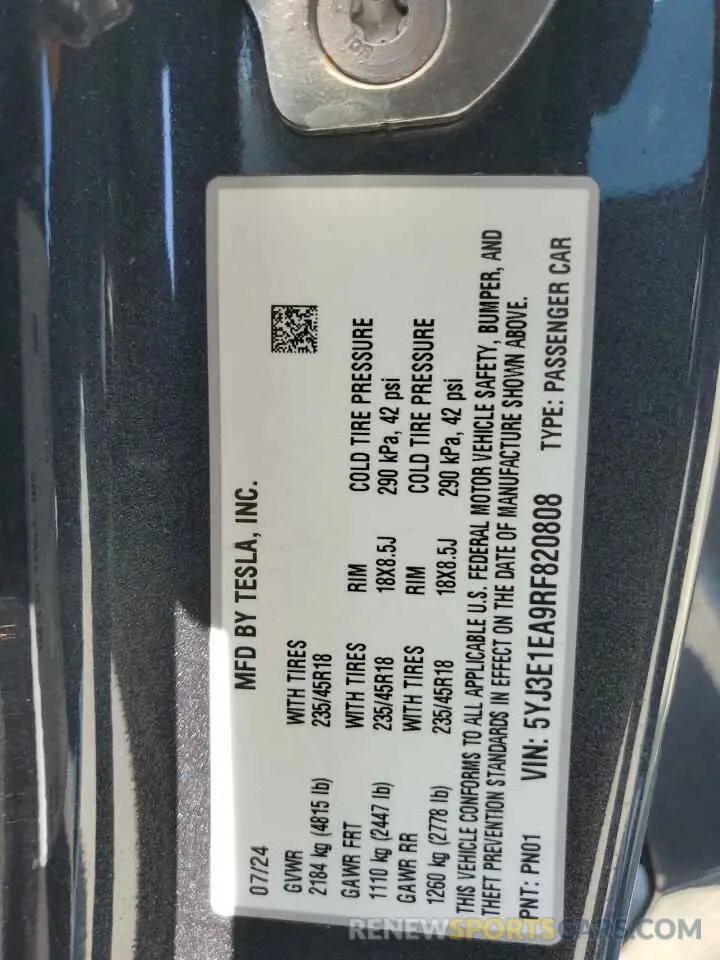 14 fotografías del automóvil dañado 5YJ3E1EA9RF820808 TESLA MODEL 3 2024