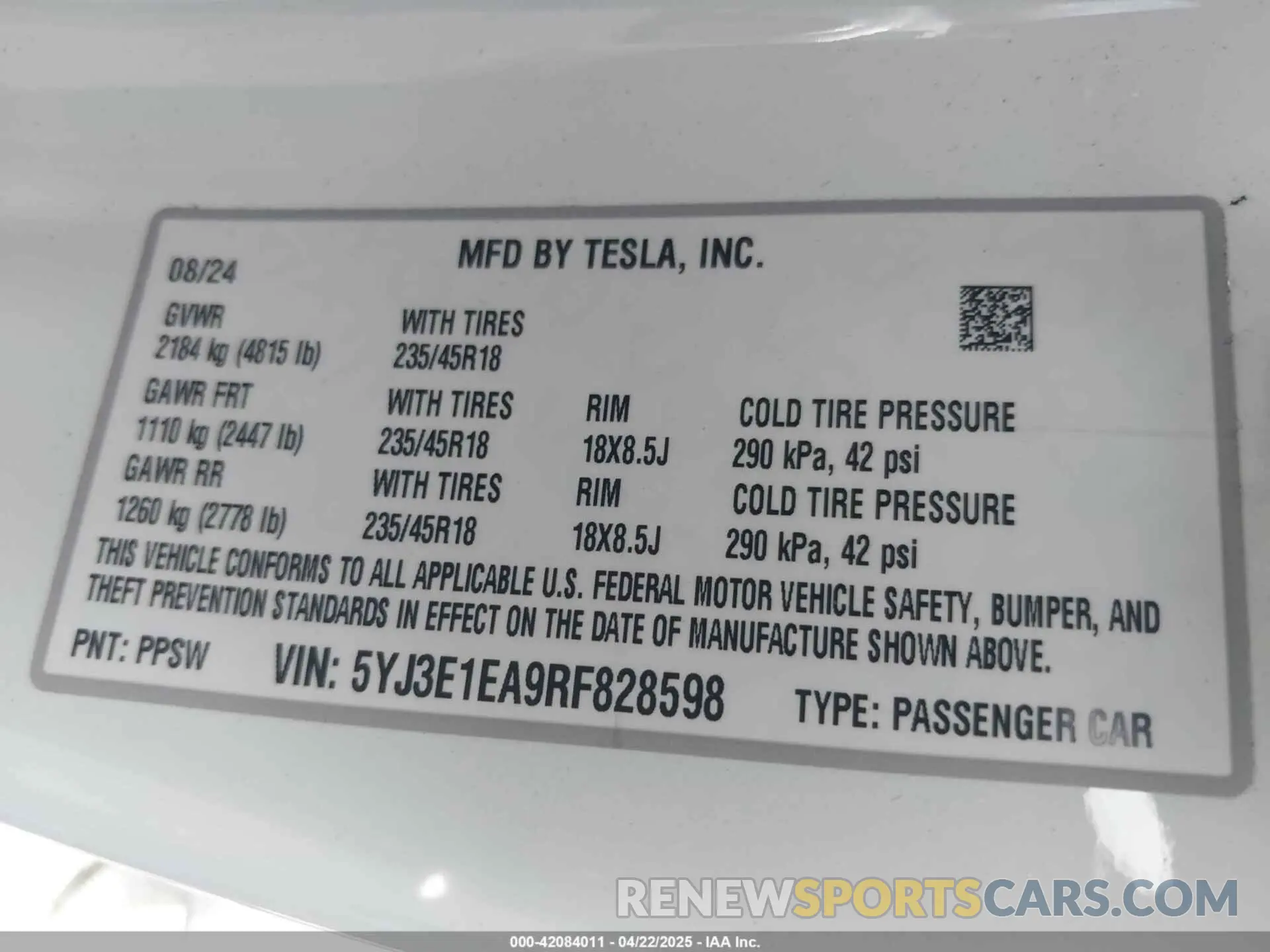 9 fotografías del automóvil dañado 5YJ3E1EA9RF828598 TESLA MODEL 3 2024