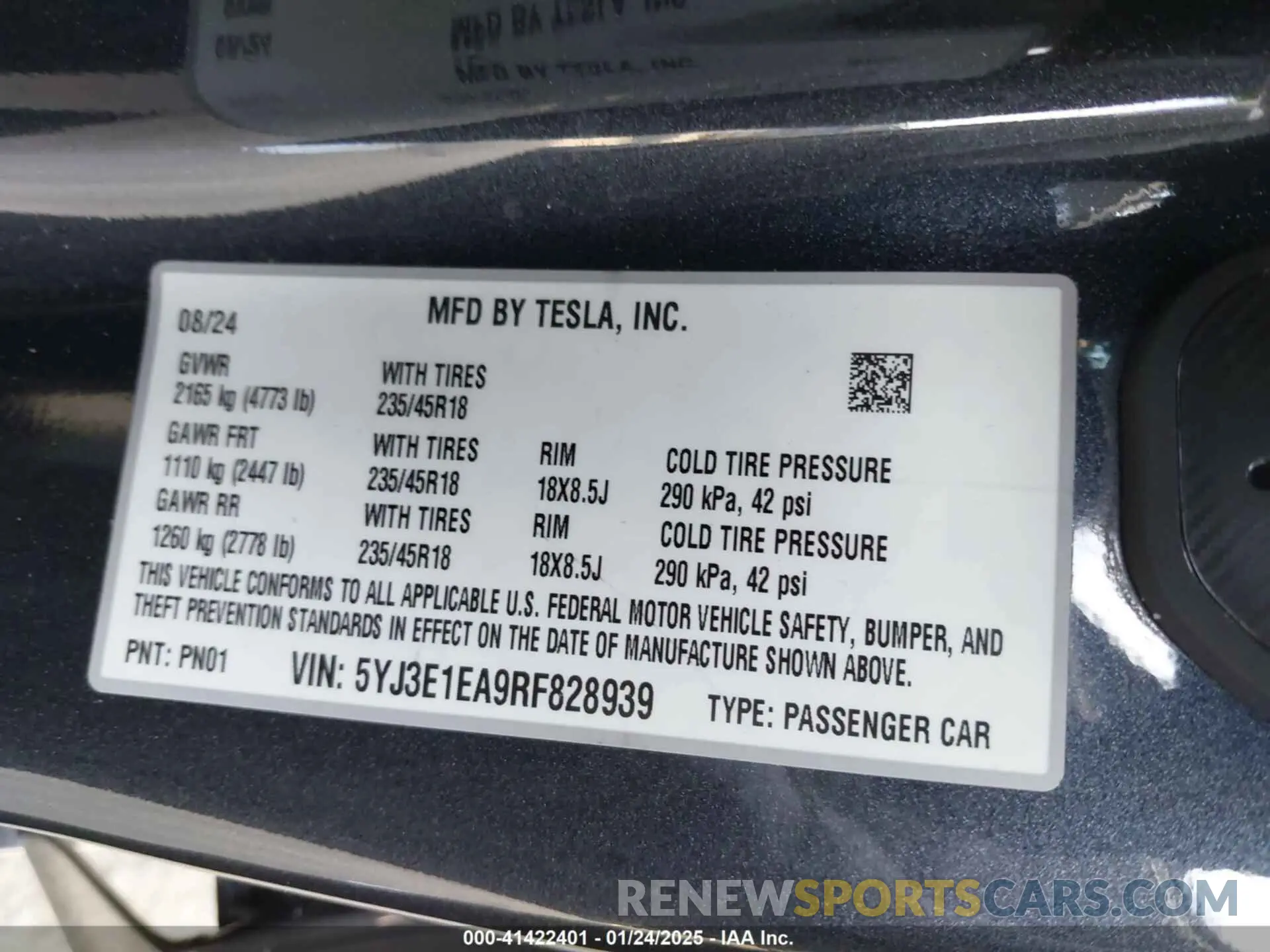 9 fotografías del automóvil dañado 5YJ3E1EA9RF828939 TESLA MODEL 3 2024