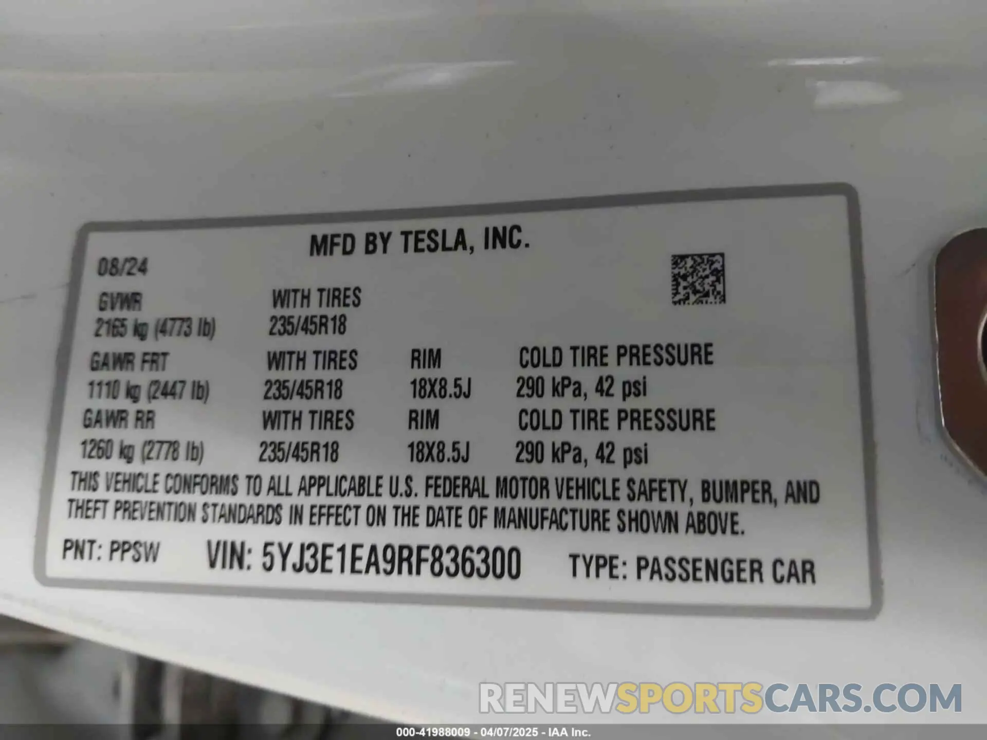 9 fotografías del automóvil dañado 5YJ3E1EA9RF836300 TESLA MODEL 3 2024