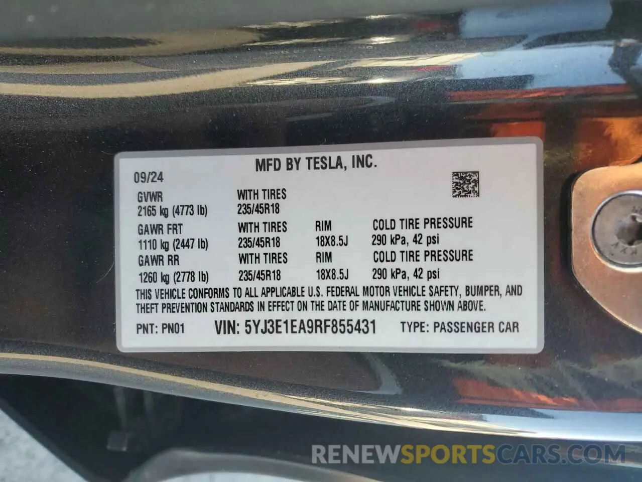 12 fotografías del automóvil dañado 5YJ3E1EA9RF855431 TESLA MODEL 3 2024