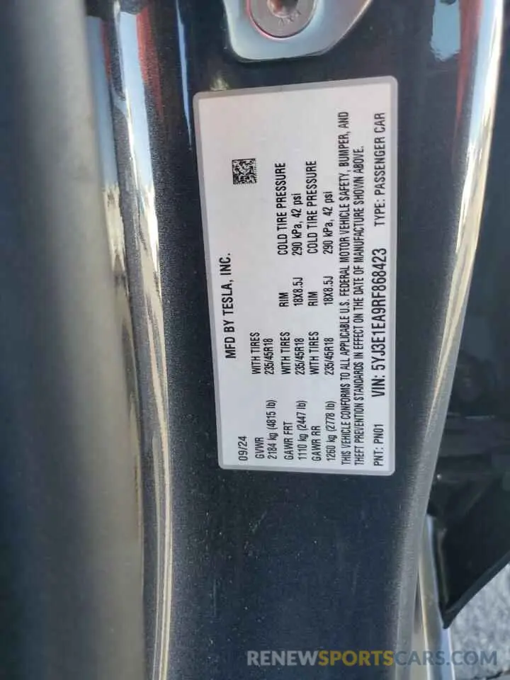 13 fotografías del automóvil dañado 5YJ3E1EA9RF868423 TESLA MODEL 3 2024
