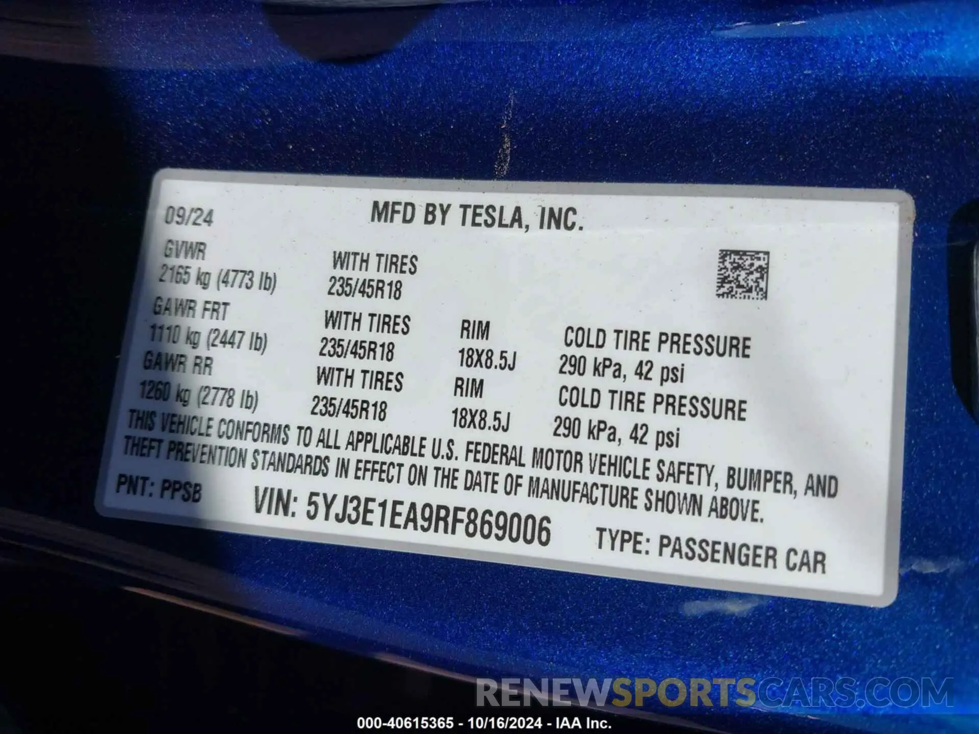 9 fotografías del automóvil dañado 5YJ3E1EA9RF869006 TESLA MODEL 3 2024