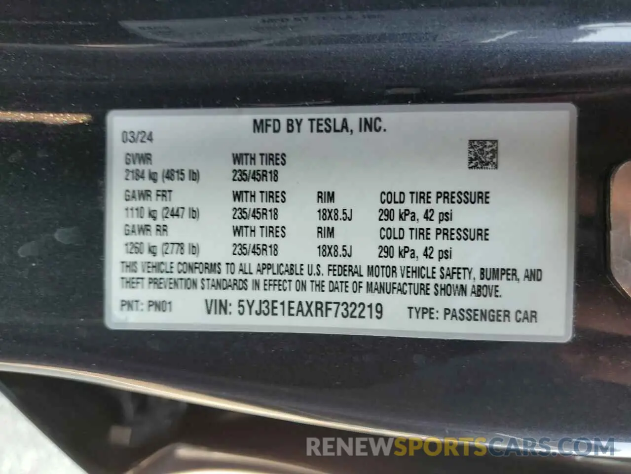 12 fotografías del automóvil dañado 5YJ3E1EAXRF732219 TESLA MODEL 3 2024