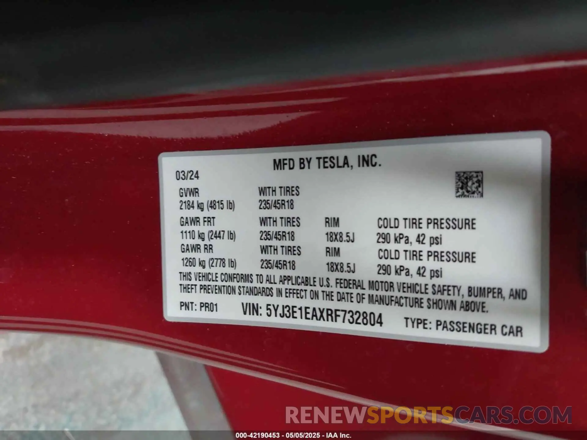 9 fotografías del automóvil dañado 5YJ3E1EAXRF732804 TESLA MODEL 3 2024