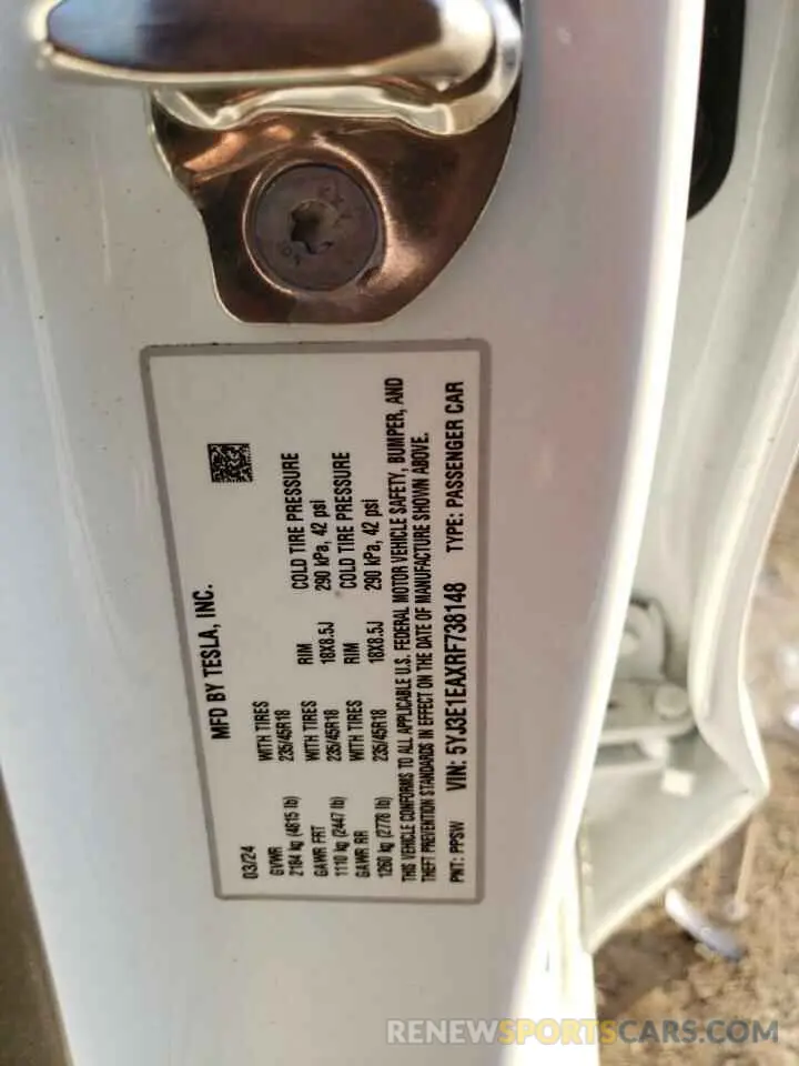 13 fotografías del automóvil dañado 5YJ3E1EAXRF738148 TESLA MODEL 3 2024
