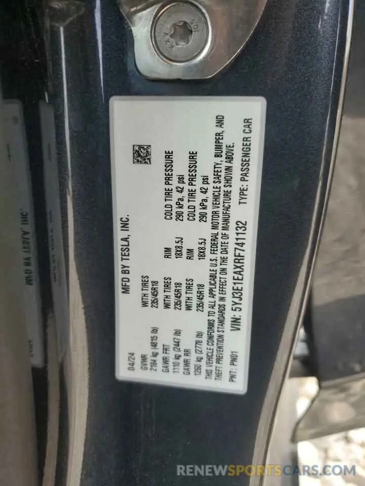 14 fotografías del automóvil dañado 5YJ3E1EAXRF741132 TESLA MODEL 3 2024