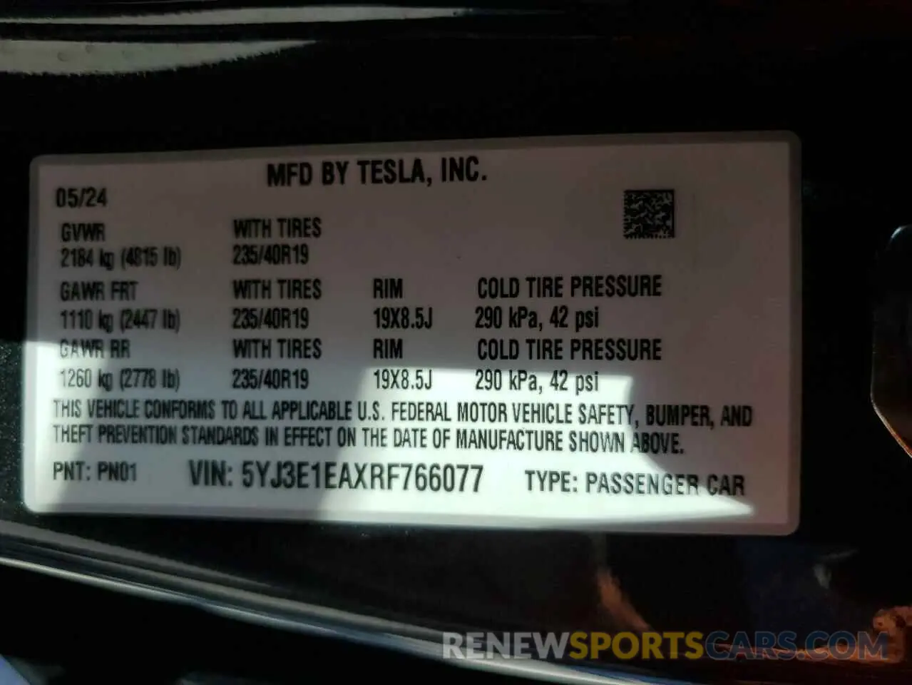 13 fotografías del automóvil dañado 5YJ3E1EAXRF766077 TESLA MODEL 3 2024