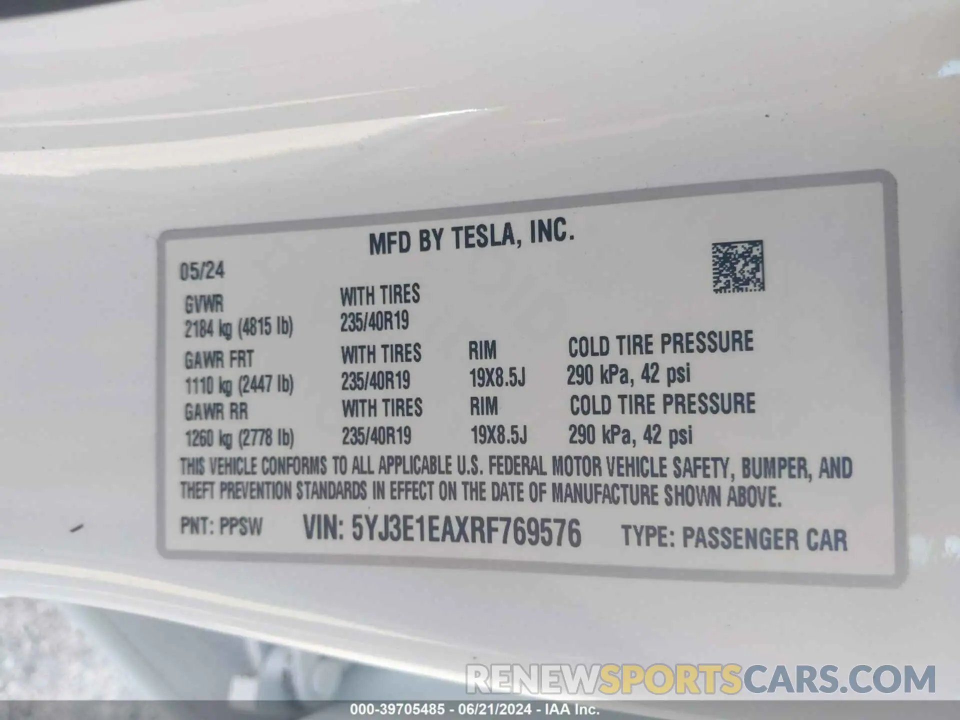 9 fotografías del automóvil dañado 5YJ3E1EAXRF769576 TESLA MODEL 3 2024